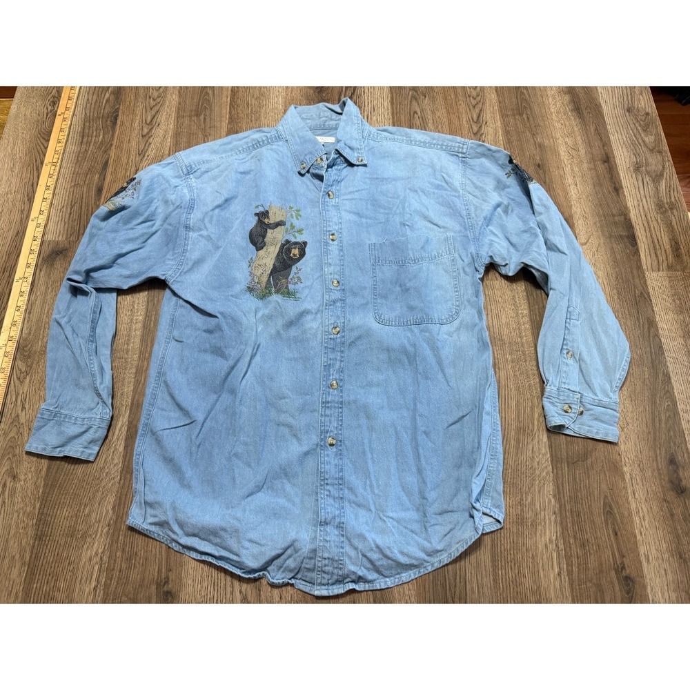 Symbol Shirt, Women's Size Small, Blue, Long Sleeve Button Up Jean Shirt Bears